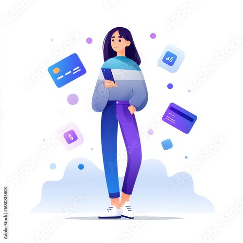 A young woman stands confidently in a colorful digital landscape, holding a smartphone in one hand.