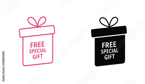 Two stylized gift box icons one in red outline and the other in black silhouette with the text free special gift for promotions and marketing