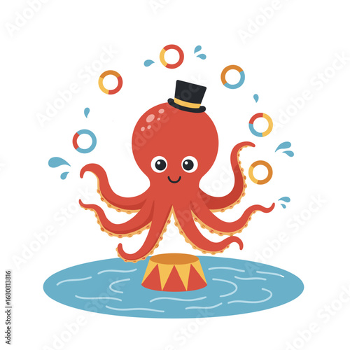 Cute octopus juggling rings while performing on a circus platform  