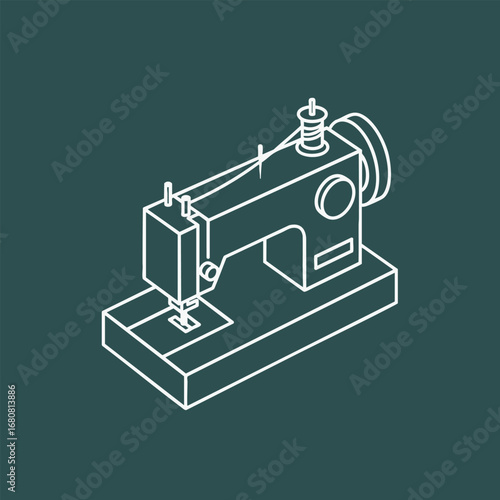 A minimalist illustration of a sewing machine on a dark background, showcasing its design and functionality for crafting