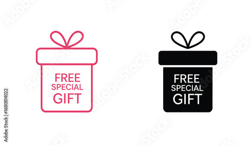 Two stylized gift box icons one in pink outline and one in solid black both featuring the text free special gift and a ribbon bow on top isolated on white background