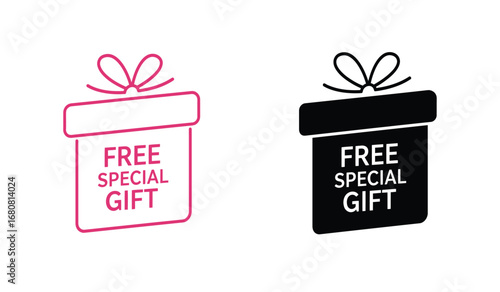Two stylized gift boxes one in outline with pink ribbon and text free special gift the other solid black with white text free special gift
