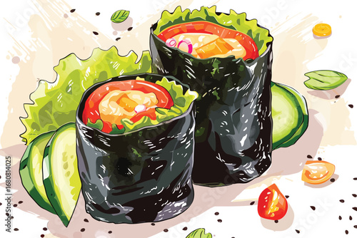 Crunchy Veggie Nori Rolls with Wasabi Mayo isolated illustration