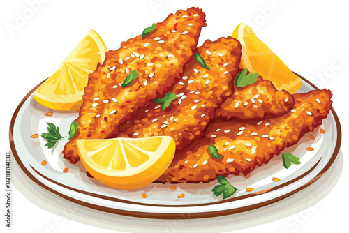 Crispy Pork Schnitzel Strips with Lemon Wedges isolated illustration