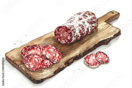 Dry-Cured Salami Sliced on Rustic Board seasoning isolated