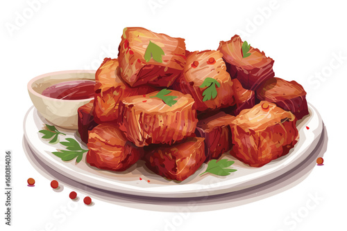 Garlic-Infused Pork Belly Squares with Dipping Sauce isolated illustration