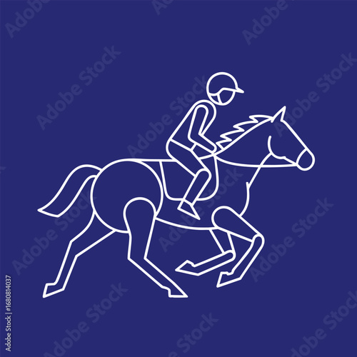 A minimalist line drawing of a jockey racing on a horse against a solid blue background, showcasing speed and motion