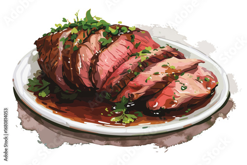 Herb-Crusted Roast Beef Slices with Au Jus isolated illustration