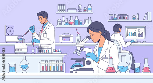 Dedicated scientists in a modern research laboratory conduct various experiments using advanced equipment and technology to drive innovation and make new discoveries.