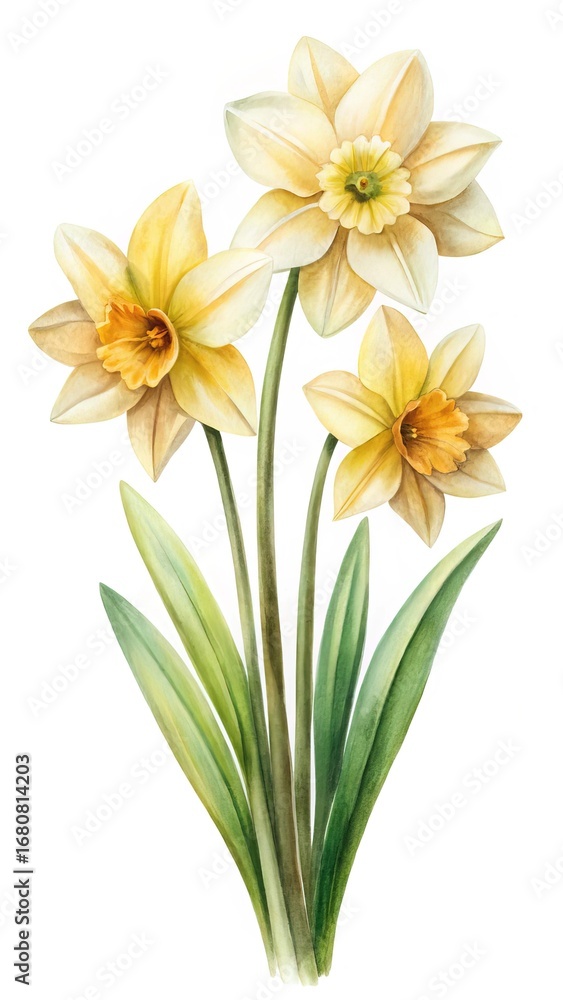 Fototapeta premium Watercolor Painting of Three Cream and Yellow Daffodils on a White Background