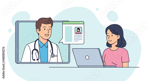 A woman receives professional medical advice from a friendly male doctor during a convenient online video consultation, highlighting modern telemedicine services.