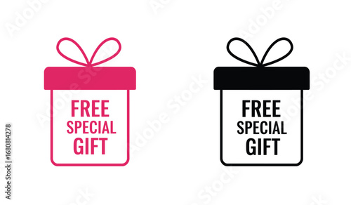Two stylized gift boxes one in pink and one in black outline both featuring the text free special gift symbolizing promotions and giveaways
