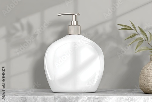 White, rounded pump bottle on marble countertop