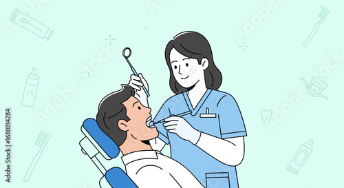 A friendly female dentist meticulously examines a male patient's teeth during a routine check-up in a clean, professional dental office.