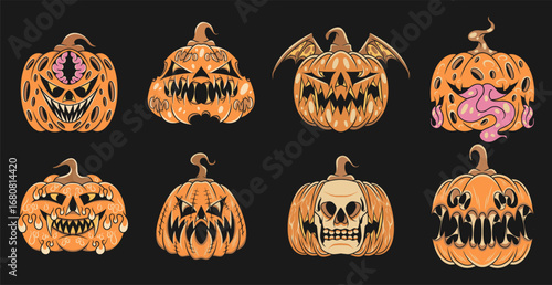 Spooky monster pumpkin set, Scary Halloween vector art collection, Creepy creature graphic bundle, Spooky pumpkin character packs for print and stickers