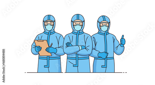 A team of dedicated healthcare professionals wearing full protective gear stands together, ready to combat global health challenges and ensure public safety.