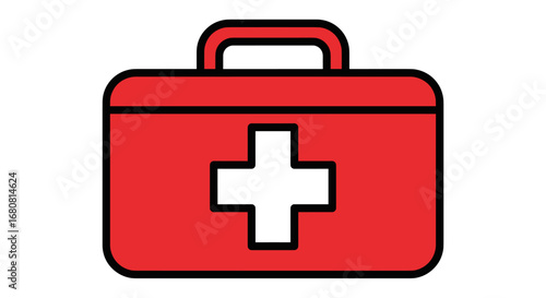 A vibrant red first aid kit with a prominent white cross symbol, representing emergency medical care and health assistance, isolated on a clean white background.