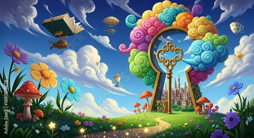 A vibrant digital painting and fantasy illustration, this surreal artwork is a key to imagination and a masterpiece of magical art