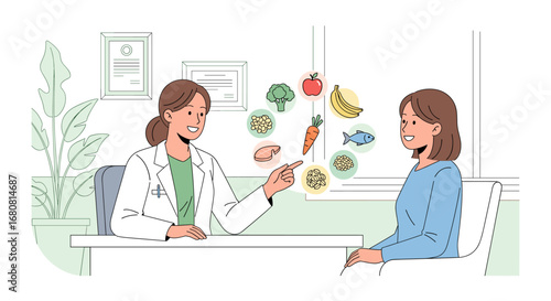 A compassionate nutritionist provides personalized dietary advice to a female patient, emphasizing balanced nutrition and healthy food choices in a professional clinic.