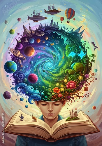Digital illustration art artwork of imagination, a boy reading, world of dreams, whimsical painting