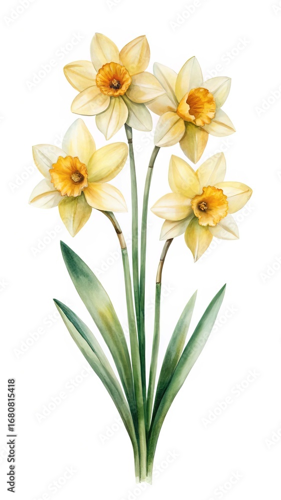 Fototapeta premium Watercolor Painting of Four Daffodil Flowers with Green Stems and Leaves on White