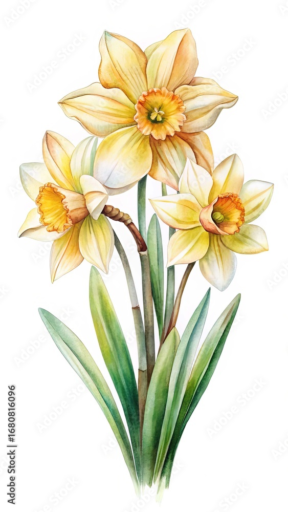 Fototapeta premium Watercolor Painting of Three Daffodil Flowers with Green Stems and Leaves