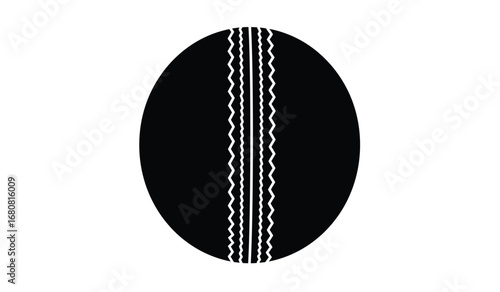 A stark black and white graphic illustration of a traditional cricket ball with prominent white stitching clearly visible against the dark surface