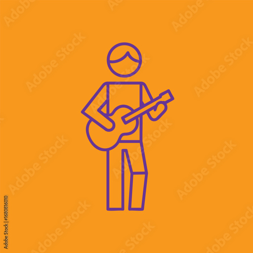 A minimalist illustration of a person playing guitar against a vibrant orange background, conveying creativity and music