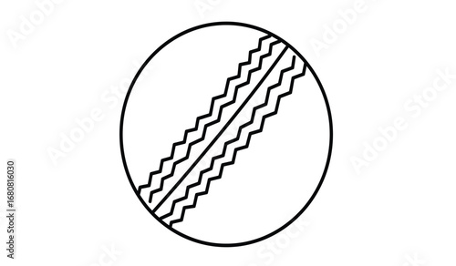 Simple black and white line drawing illustration of a traditional cricket ball with prominent stitching on a plain background representing the sport