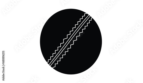 A stark black silhouette of a traditional cricket ball with its distinctive white stitched seam clearly visible against the dark surface on a white background