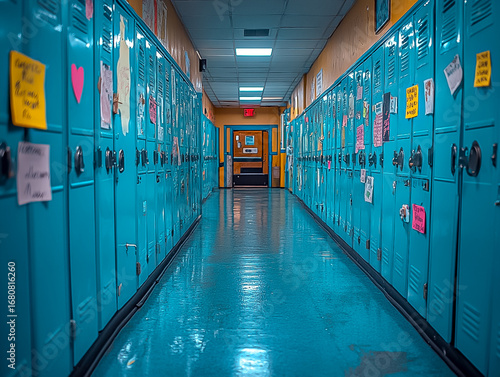 Turquoise School Lockers Line a Long Hallway with Wooden Door and Exit Sign in the Background
