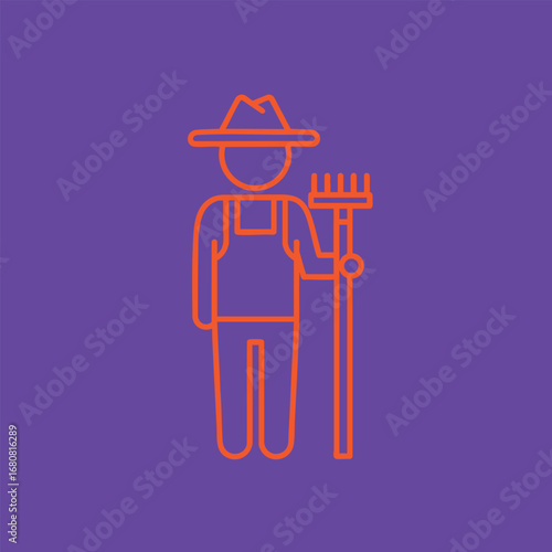 Minimalist illustration of a farmer in overalls and a hat holding a rake against a vibrant purple background