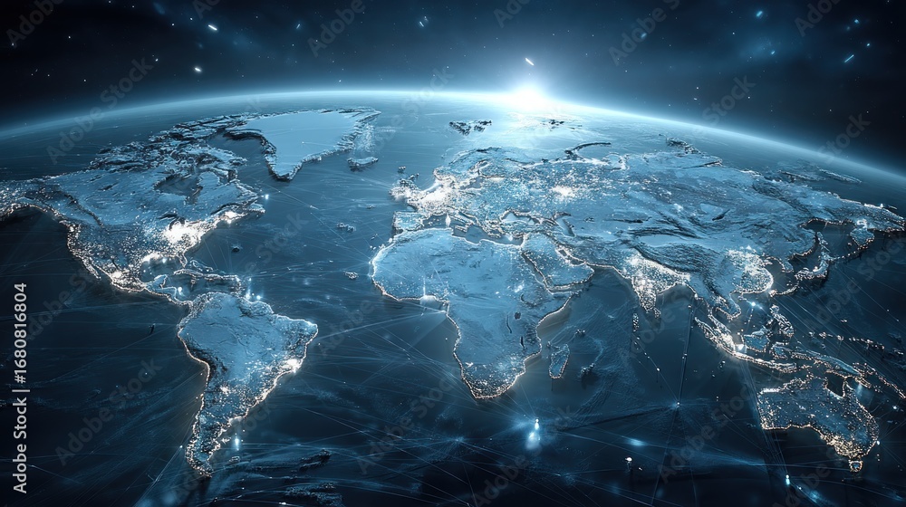 Obraz premium A comprehensive view of Earth's illuminated continents from space, highlighting global city lights and terrain features.