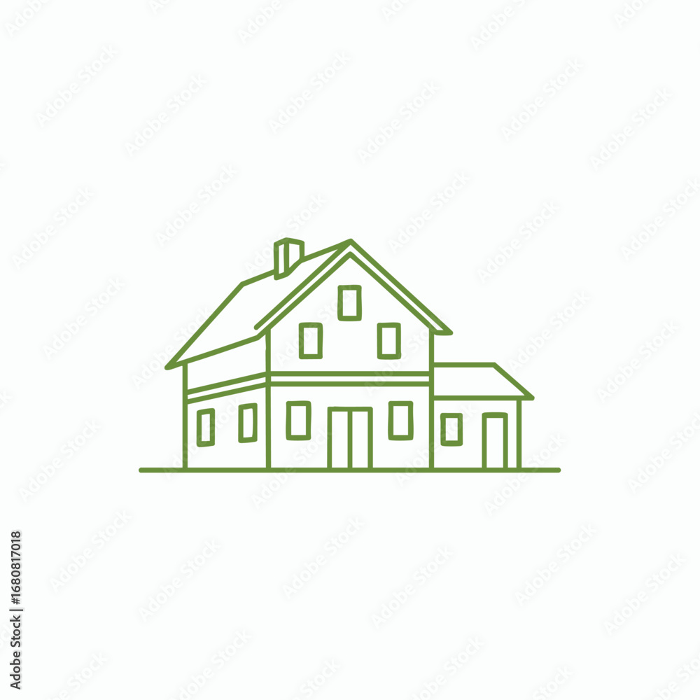 Simple line drawing of a house with a sloped roof, featuring windows and a door, set against a plain background
