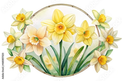 Wallpaper Mural Watercolor Daffodil Floral Arrangement in a Circular Frame, a Springtime Delight Torontodigital.ca