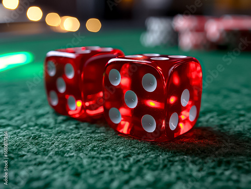 Detailed Close-up of Red Dice on Green Textured Surface with Bokeh Lights in Background