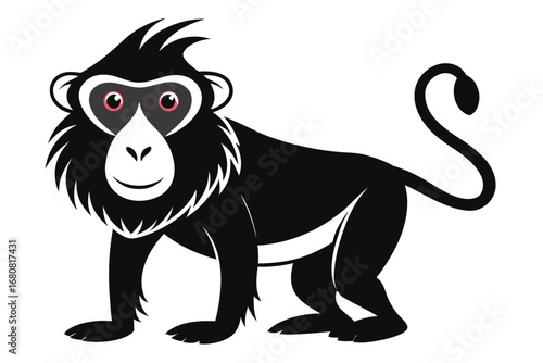 Cartoon black monkey with white face and pink eyes is staring ahead