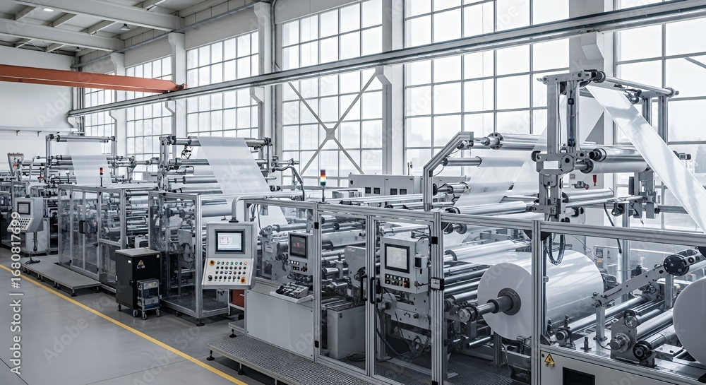 Naklejka premium Industrial Printing Machinery in Modern Factory Setting