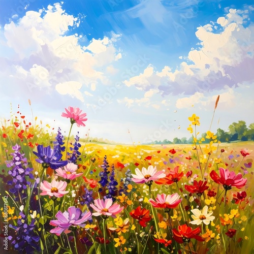 A vibrant field of wildflowers under a brilliant summer sky, painted with bold colors and expressive brushstrokes.