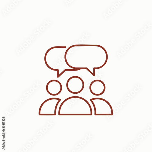 Three stylized figures engaged in conversation, surrounded by speech bubbles, representing communication and dialogue