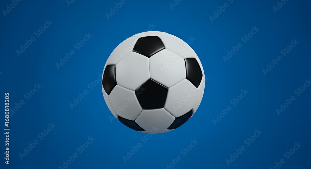 Naklejka premium Black and White Soccer Ball Floating in Blue Background