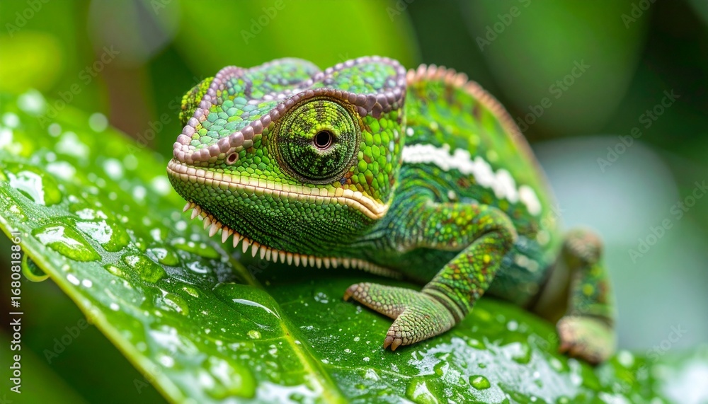 Obraz premium Chameleon Reptile Camouflage on a Green Leaf, Capturing Adaptation in Wildlife and the Fascinating Connection Between Animals and Nature in Stunning Detail