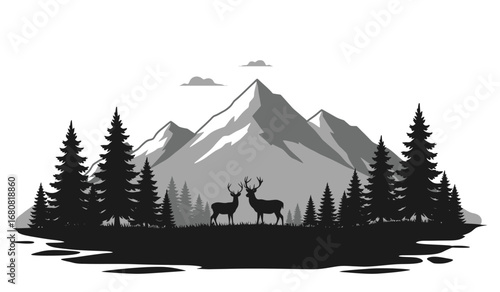 Majestic mountain landscape silhouette featuring two deer standing amidst pine trees under a cloudy sky