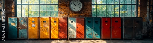 Row of Colorful Weathered Metal Lockers Against a Brick Wall Under Natural Lighting with Vintage Industrial Aesthetic
