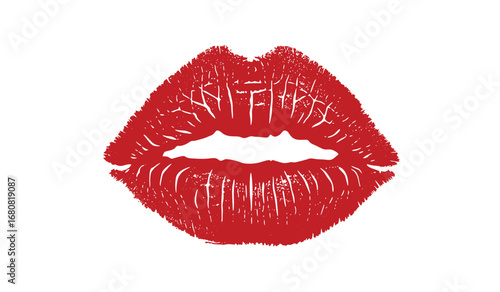 A vibrant glossy red lipstick kiss mark impression on a white background symbolizing love passion and beauty with a sensual and alluring appeal