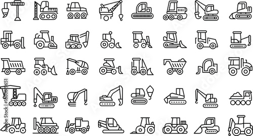 Civil engineering construction vehicles icon set, outline heavy machinery tools, vector illustration. 