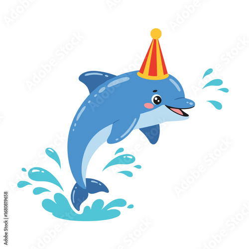 Cartoon dolphin jumping with a party hat for water circus promotions and children’s celebrations