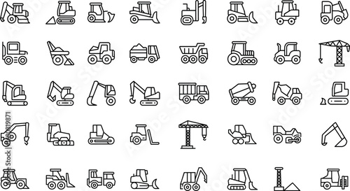 Heavy machinery outline icons, construction vehicles and equipment thin line style set, vector illustration.