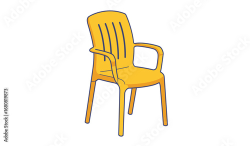 A bright yellow plastic outdoor chair with a tall slatted back and armrests isolated on white background