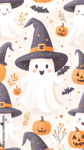 Cute Halloween ghosts, pumpkins, and witch hats create a cheerful, repeating pattern on a light beige backdrop.